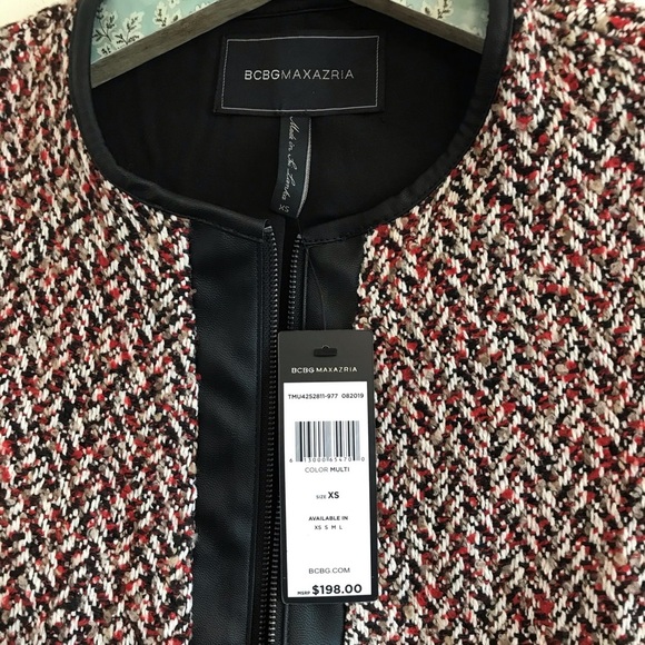 NWT BCBGMaxAzria Tweed Faux Leather Sleeve Jacket - Picture 4 of 6